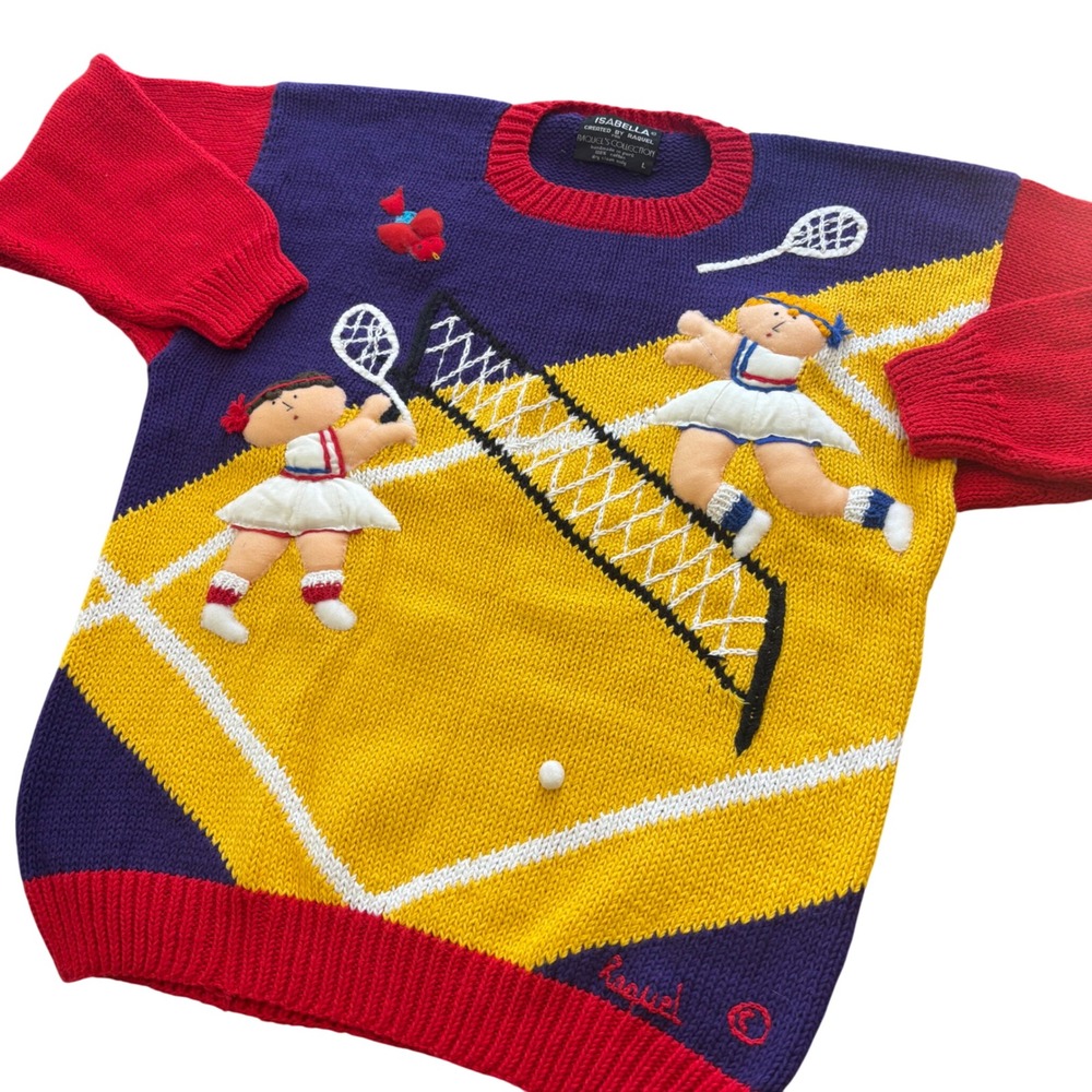 Vintage Isabella by Raquel Tennis Sweater Cotton Color Block 3D Grandmacore L